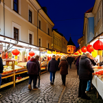 A vibrant and bustling night market scene in Vilnius, Lithuania. Focus on a narrow street illuminated by colorful lanterns, with vendors selling traditional Lithuanian food like Kibinai and Zeppelins. Capture the lively atmosphere and cultural richness of the scene. Include elements like cobblestone streets and historical buildings in the background to emphasize the city's heritage.