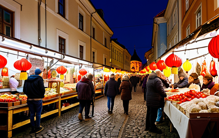 A vibrant and bustling night market scene in Vilnius, Lithuania. Focus on a narrow street illuminated by colorful lanterns, with vendors selling traditional Lithuanian food like Kibinai and Zeppelins. Capture the lively atmosphere and cultural richness of the scene. Include elements like cobblestone streets and historical buildings in the background to emphasize the city's heritage.